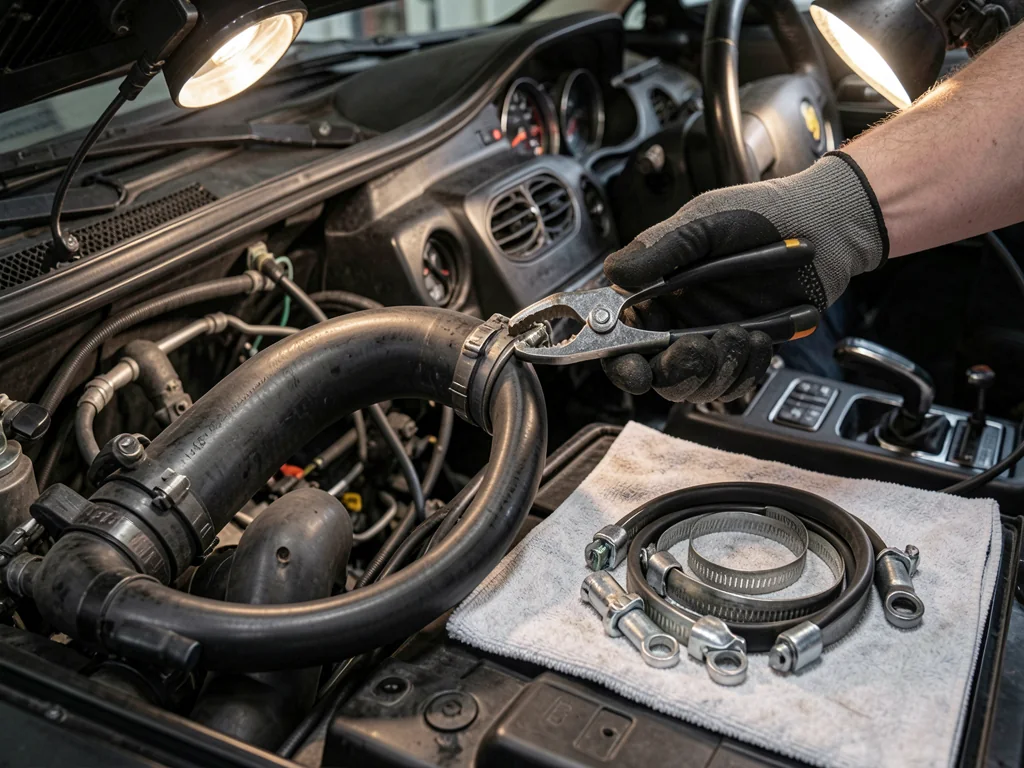 Gloved hands using hose clamp pliers to remove a spring clamp from a radiator hose, with a new hose and clamps nearby