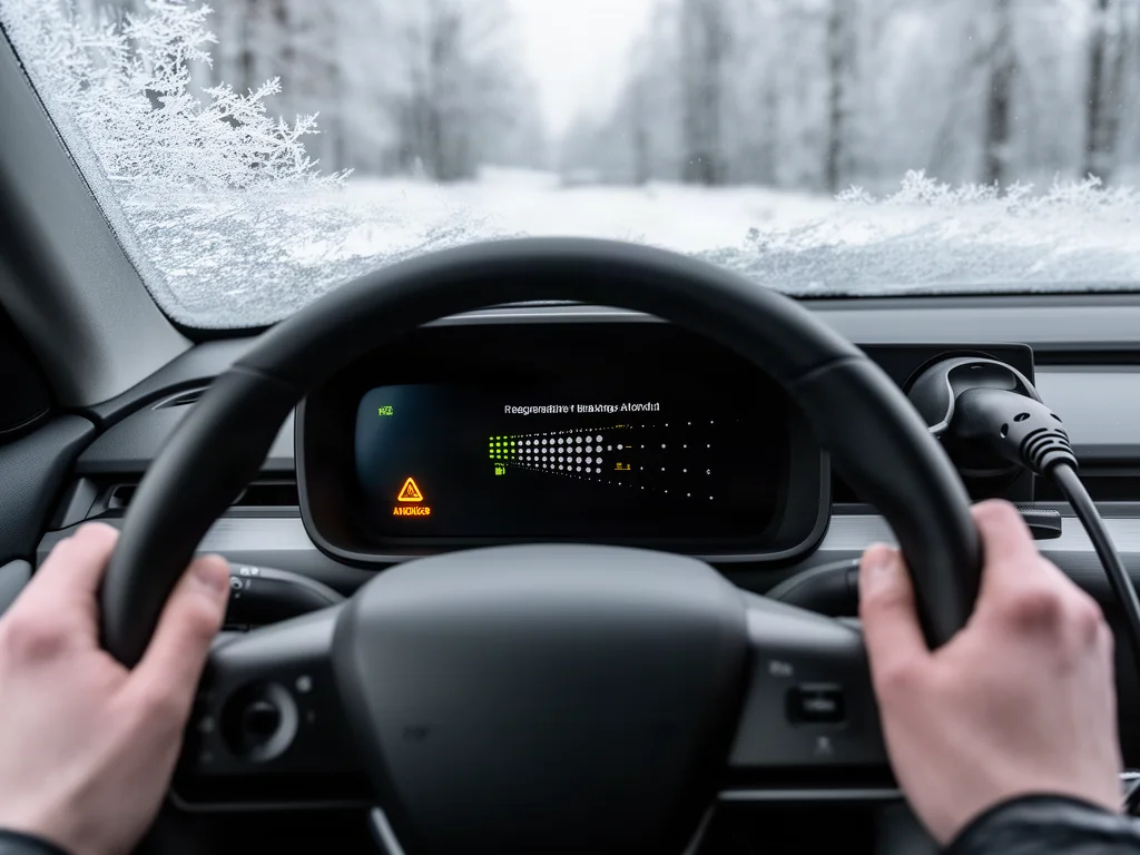 Electric car dashboard on a frosty morning showing a limited regenerative braking indicator on the power meter