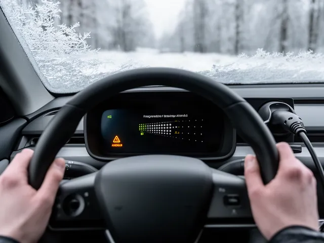 Electric car dashboard on a frosty morning showing a limited regenerative braking indicator on the power meter