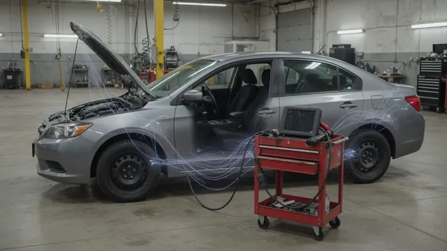Diagnostic scan tool beside a vehicle with engine and transmission control modules illustrated