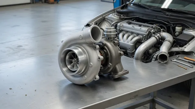 Automotive turbocharger on a clean workbench beside an Audi engine bay