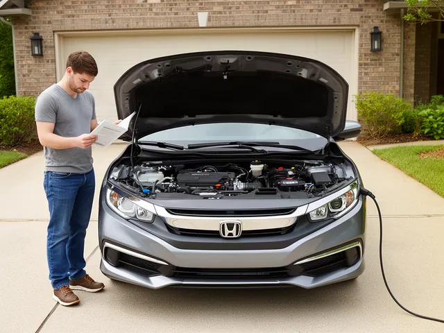 Honda Civic parked on level ground with its hood open for an engine oil check