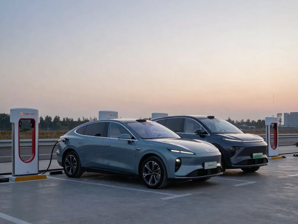 Electric luxury sedan and SUV charging at a DC fast-charging station at dusk