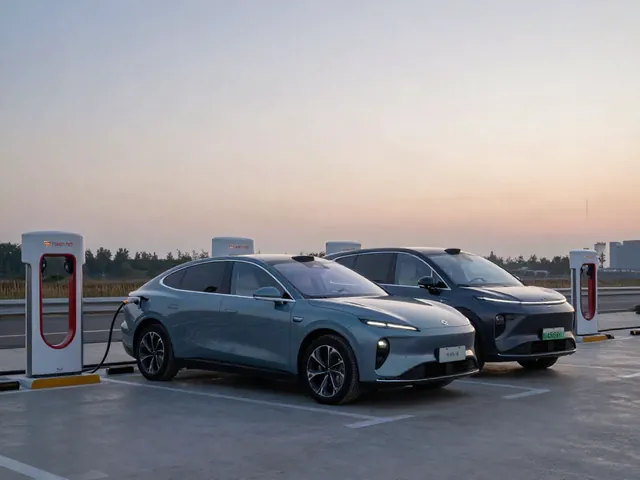 Electric luxury sedan and SUV charging at a DC fast-charging station at dusk
