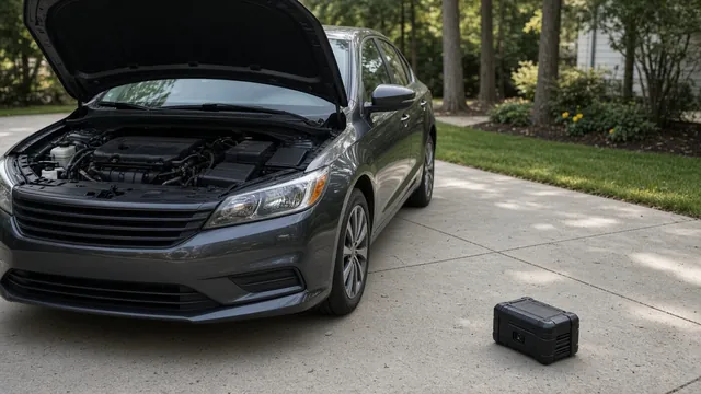 Disabled car parked safely with its hood open and a portable jump starter nearby