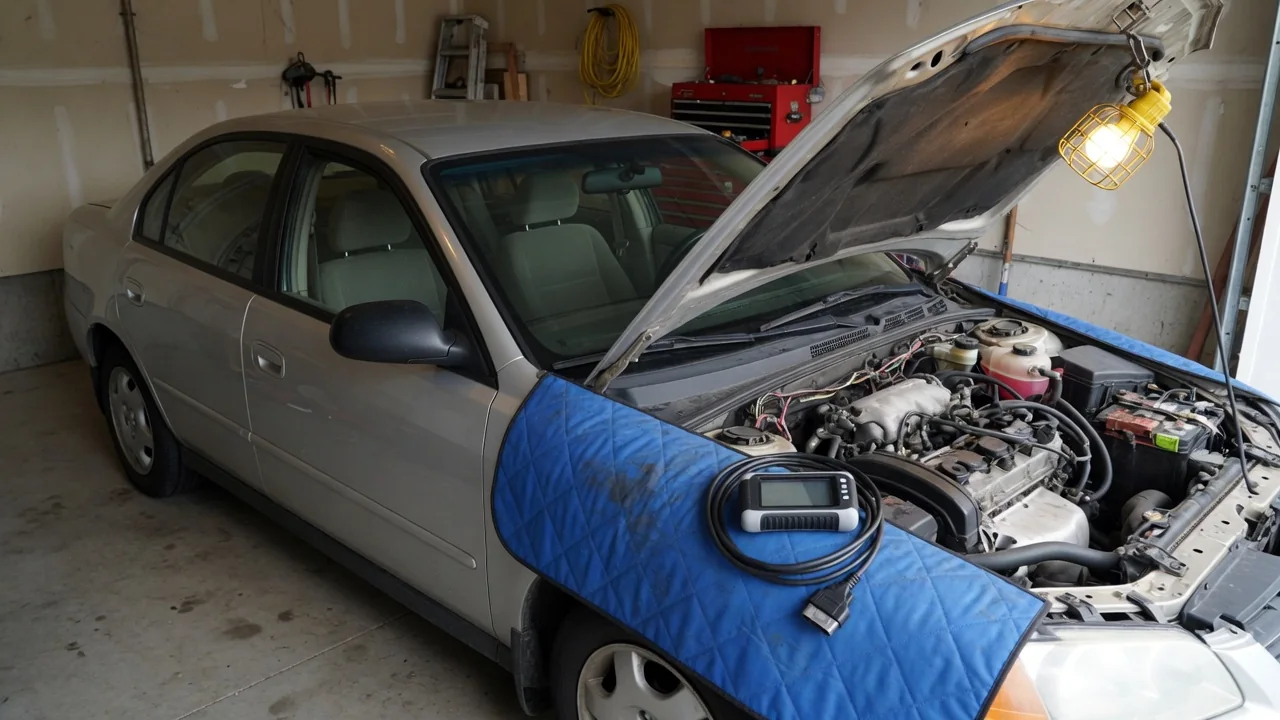 Saab 9-3 with the hood open in a garage and an OBD-II scanner on the fender, ready for a rough idle check