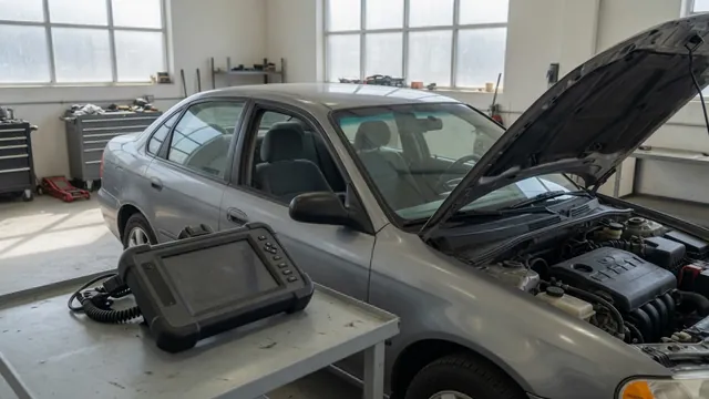 Diagnostic scan tool beside a vehicle with its engine off and hood open