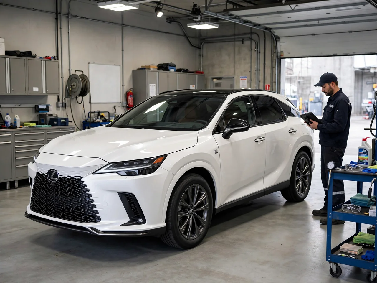 Lexus RX parked in a service bay for a professional hybrid battery assessment