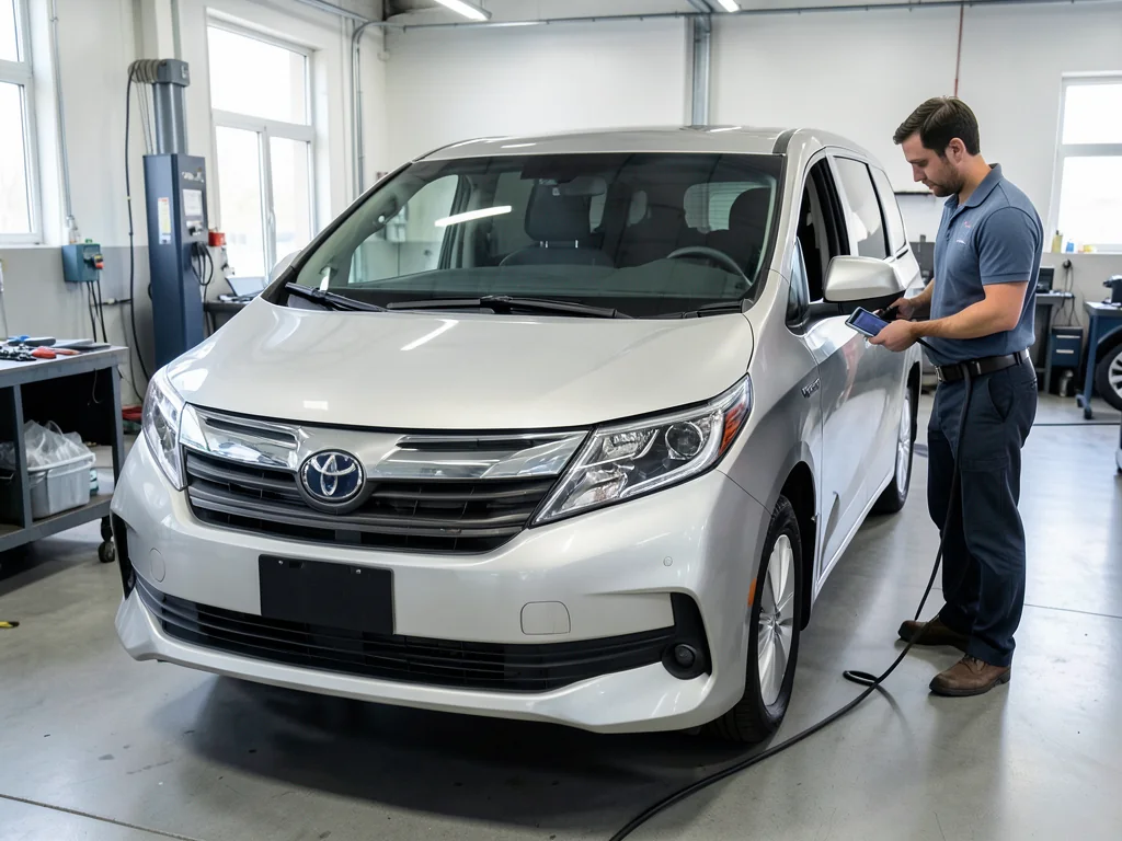 Toyota Sienna Hybrid parked in a service bay for a battery evaluation