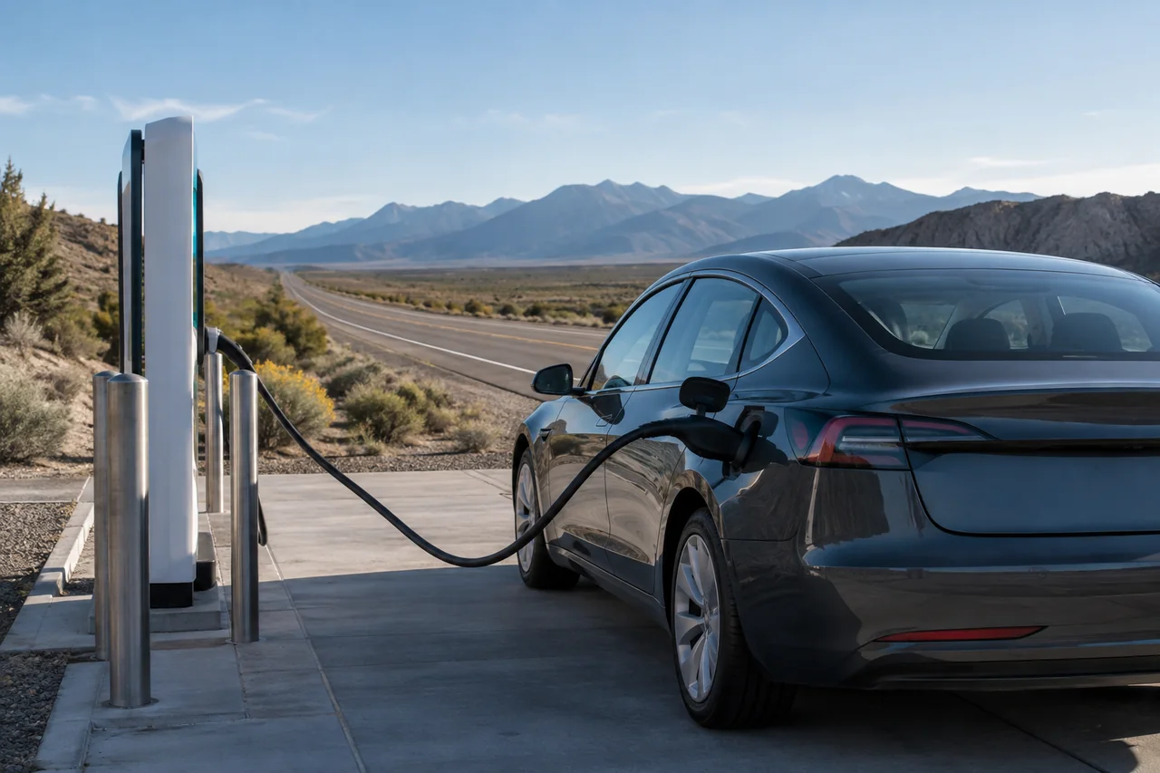 Electric car charging beside a highway with an open road stretching into the distance
