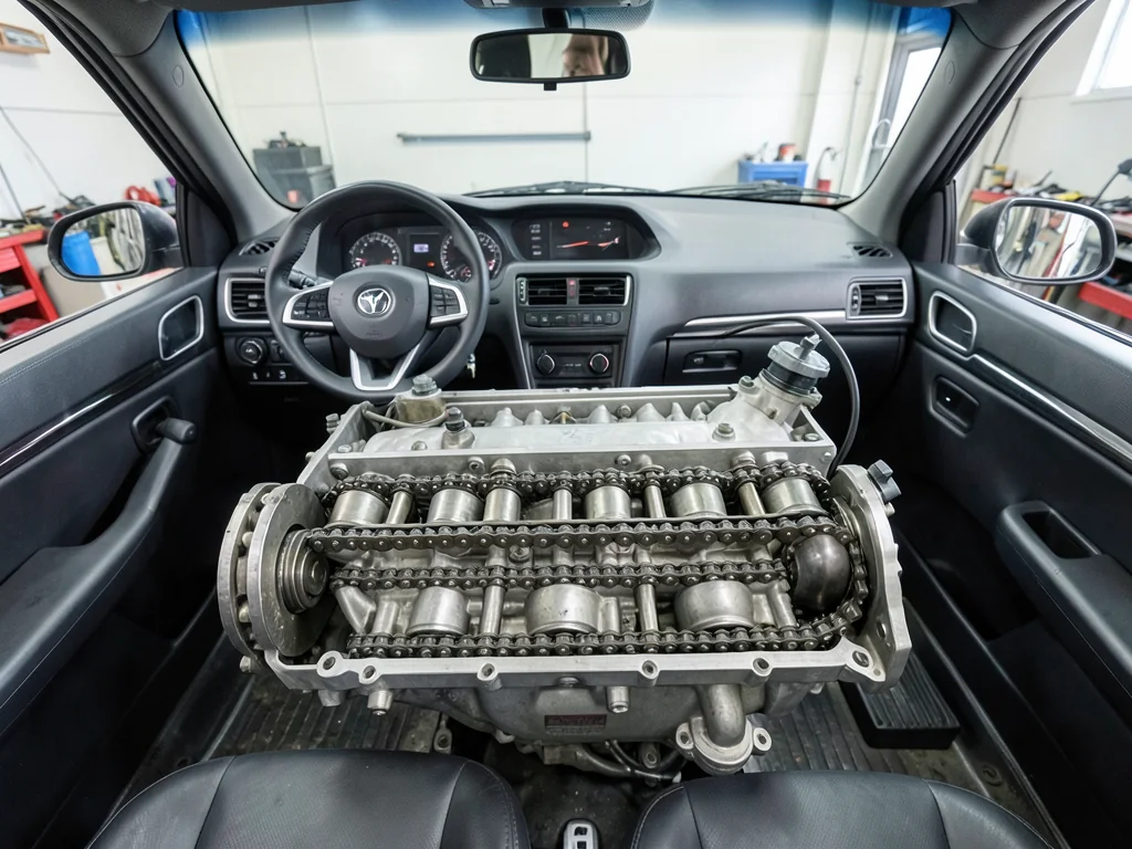 Timing chain assembly on a V6 engine in an automotive repair shop