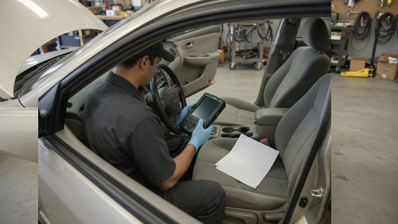 Diagnostic scanner connected inside a parked vehicle while a technician reviews vehicle information