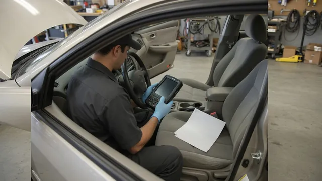 Diagnostic scanner connected inside a parked vehicle while a technician reviews vehicle information