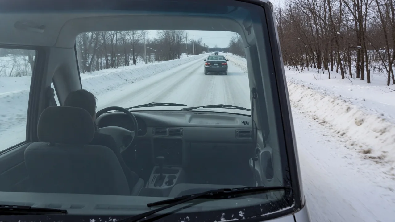 Driver maintaining a generous following distance on a snowy road in winter daylight