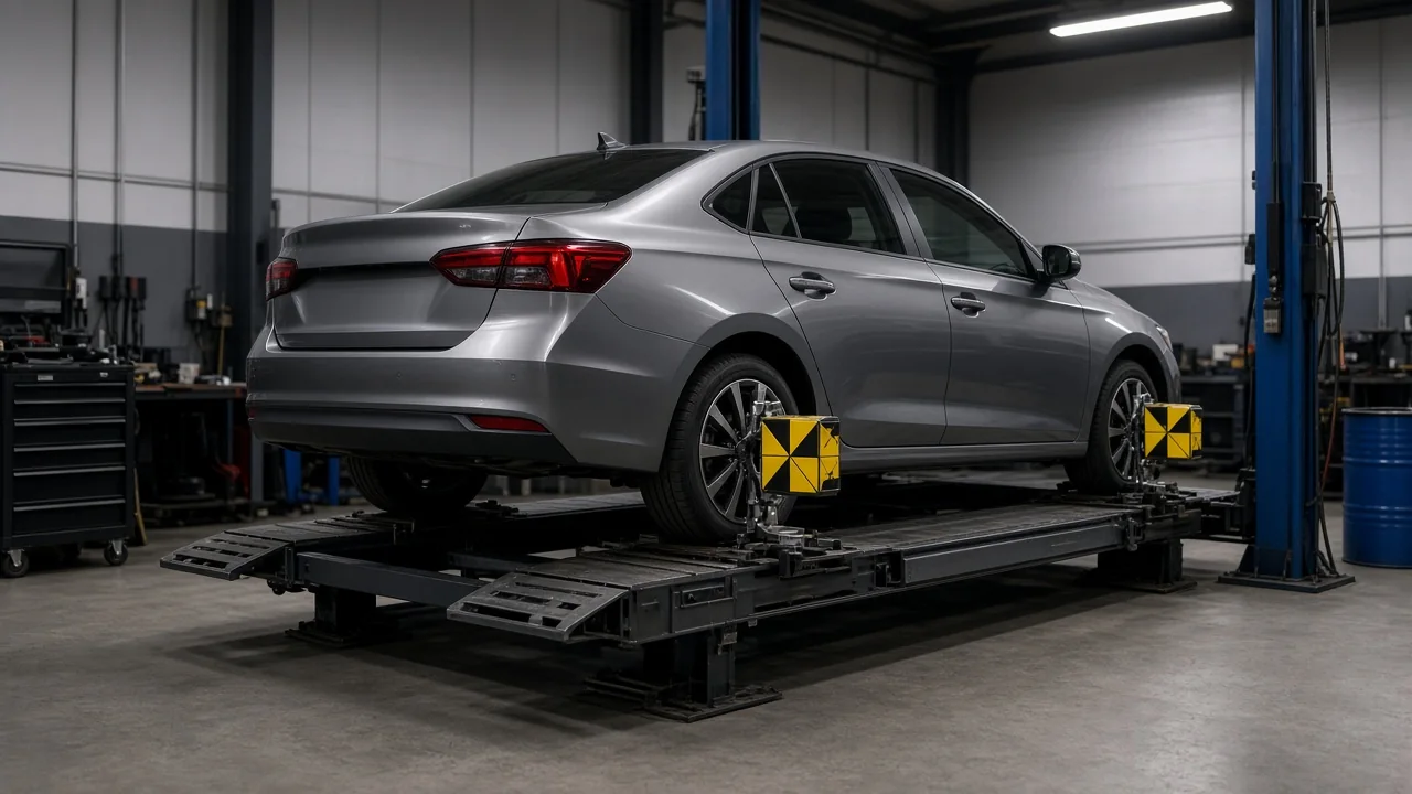 Car on an alignment rack with measurement targets attached to all four wheels