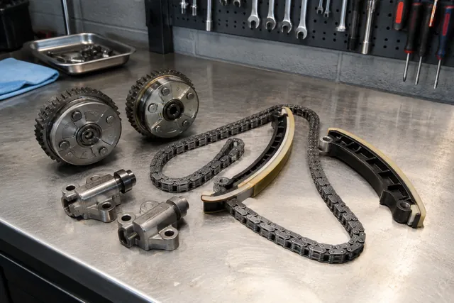Ford modular V8 timing components showing chains, guides, tensioners, and camshaft sprockets