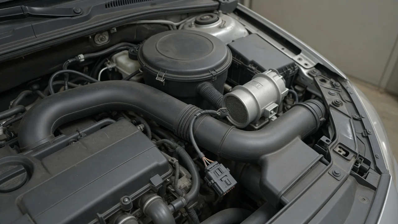 Illustration of an intake air duct with a mass air flow sensor and electrical connector