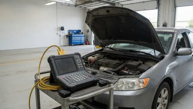 Diagnostic scan tool beside a vehicle with its hood open in an automotive service bay