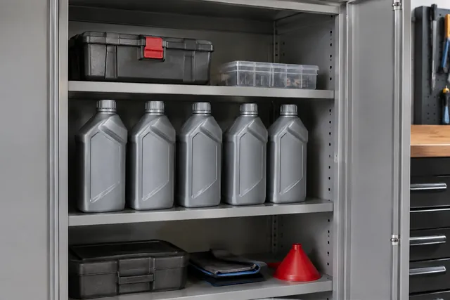 Sealed engine oil bottles stored upright on a clean shelf in a dry garage cabinet