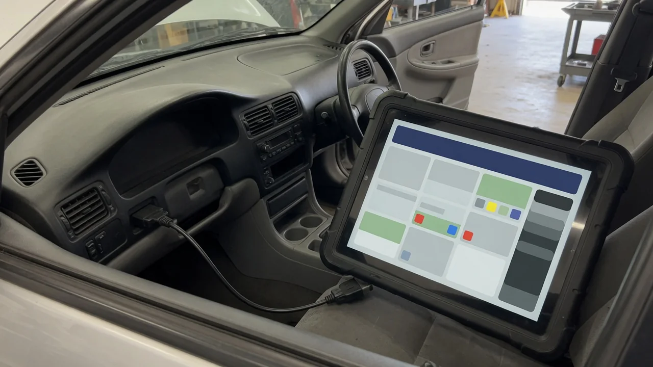 Diagnostic scanner beside a vehicle dashboard displaying the P1507 trouble code