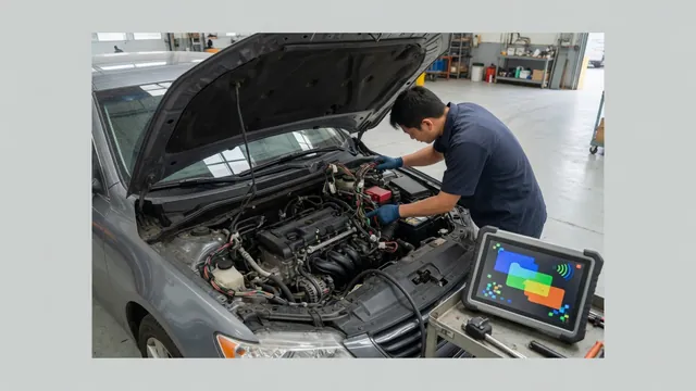 Technician examining engine wiring with a scan tool displaying the P0325 diagnostic code