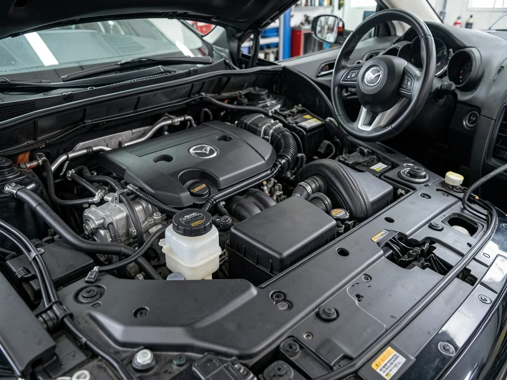 Brake fluid reservoir in a Mazda engine bay with its cap securely installed