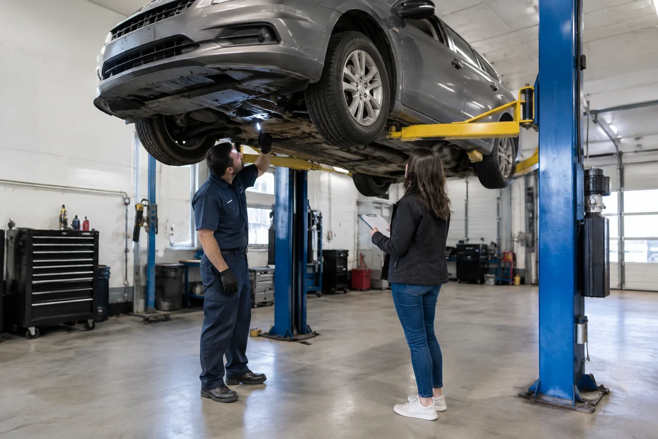 A technician inspects the underside of a recently bought used car on a shop lift while the owner looks at a checklist