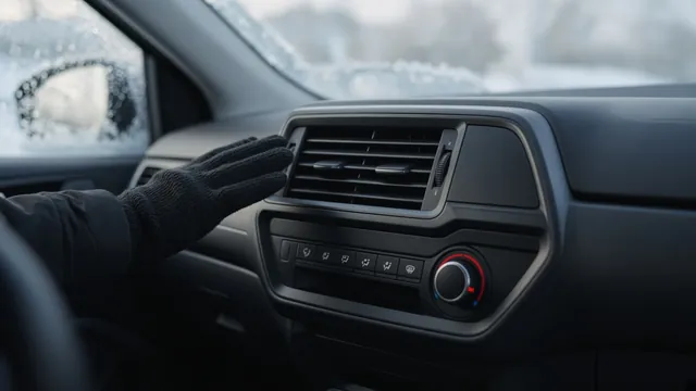 Gloved hand checking for warm air at a car dashboard vent on a frosty winter morning