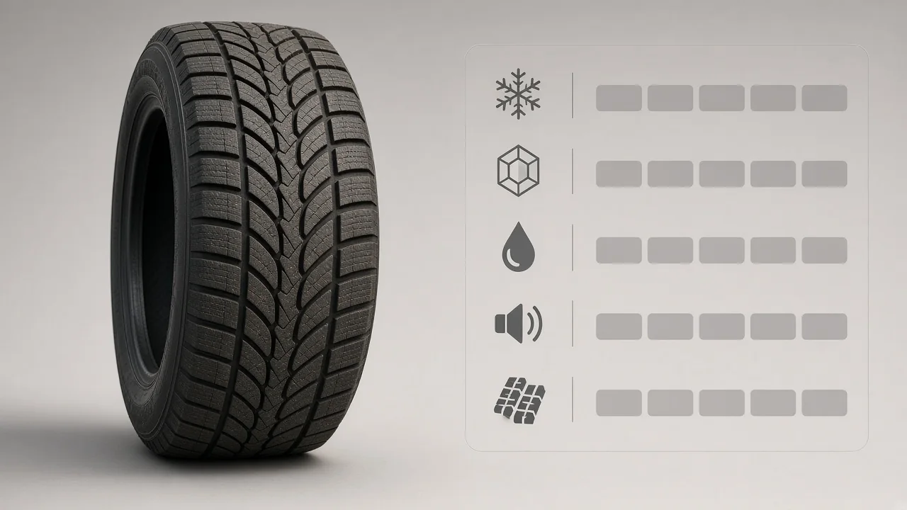 Winter tire tread beside a test scorecard showing snow, ice, wet-road, noise, and wear criteria