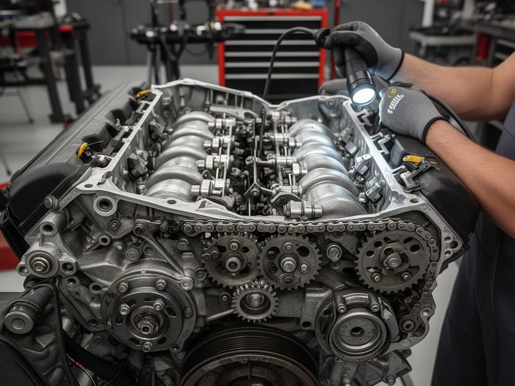 Exposed V6 engine timing chain and sprockets being inspected by a mechanic in a repair shop