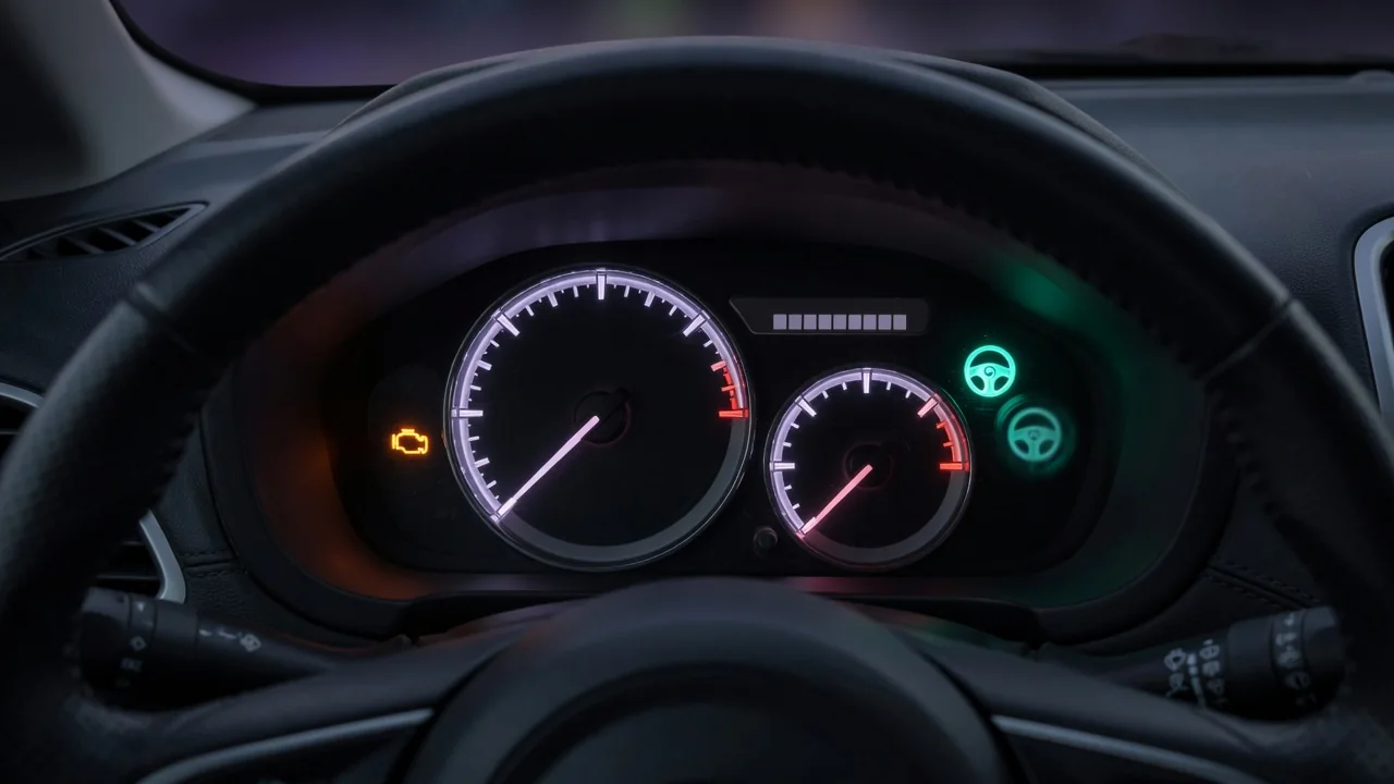 Illustrated Subaru instrument cluster with an illuminated check engine light and blinking cruise indicator