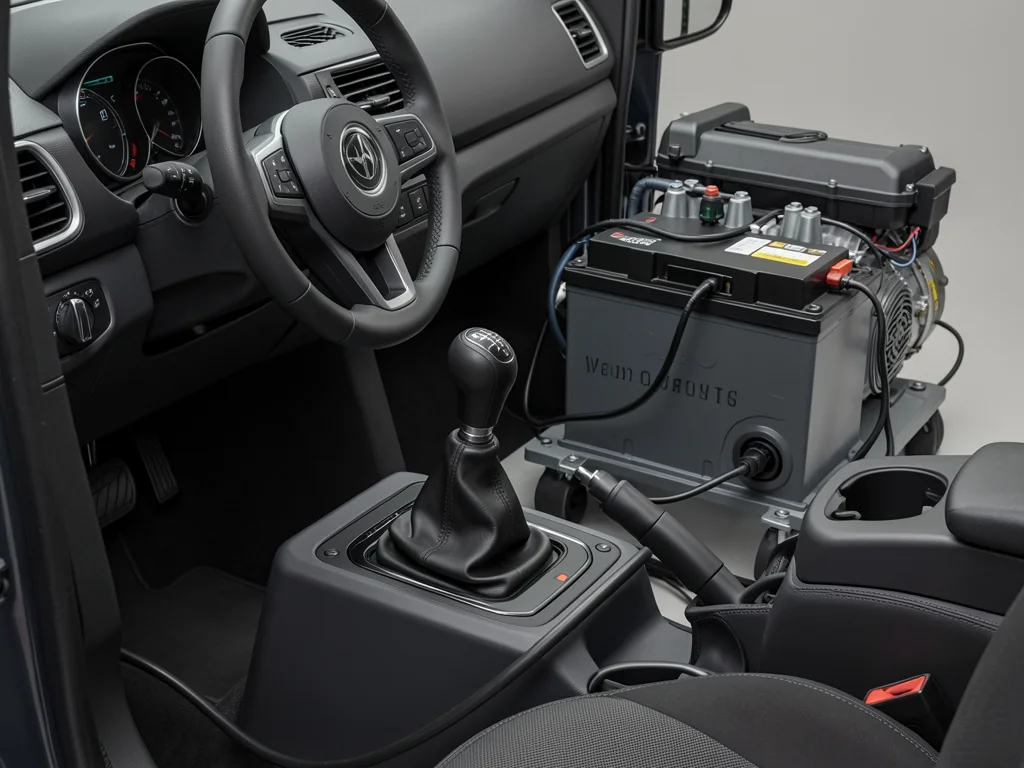 Illustration of a manual gear lever with an electric motor and battery in the background