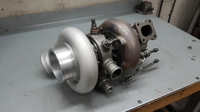 Illustration of a turbocharger with labeled compressor, turbine, and oil connections