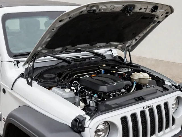 Jeep engine bay with the closed brake fluid reservoir visible during a parked inspection