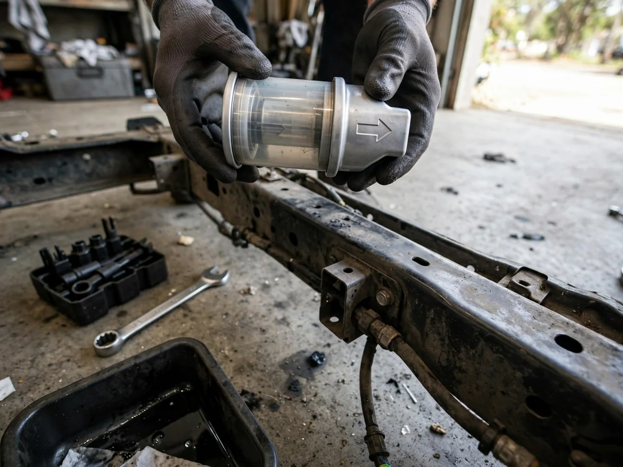 Gloved hands holding a new inline fuel filter beside a car frame rail with disconnect tools and a drain pan ready