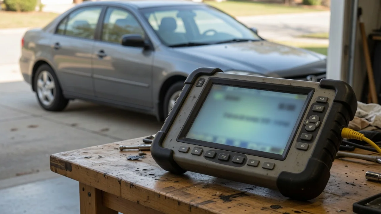 Diagnostic scanner displaying P1414 beside a vehicle identification worksheet