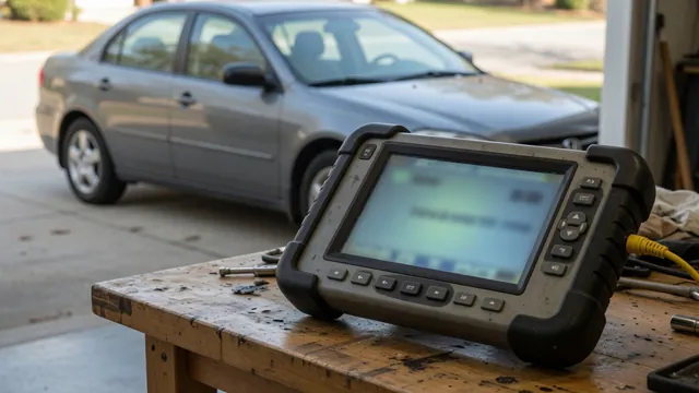 Diagnostic scanner displaying P1414 beside a vehicle identification worksheet