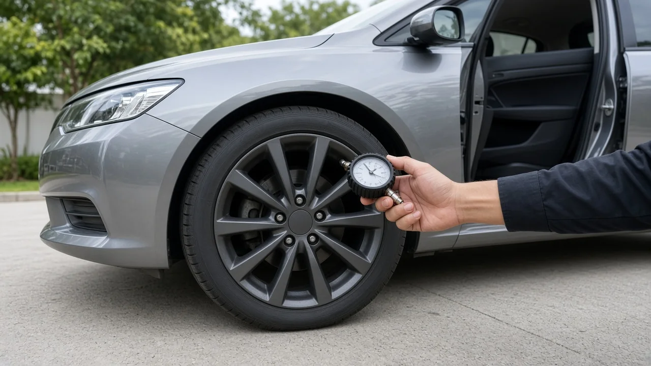Tire pressure gauge at a Honda tire valve with the driver door open to reveal the tire information label.