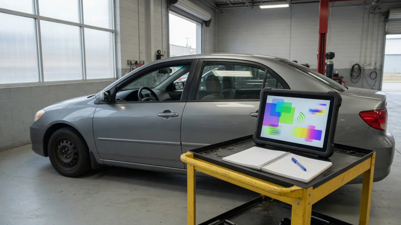 Diagnostic scanner showing a stored powertrain code beside a parked vehicle