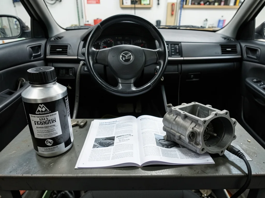 Manual transmission fluid bottle beside a gearbox housing and a vehicle owner's manual