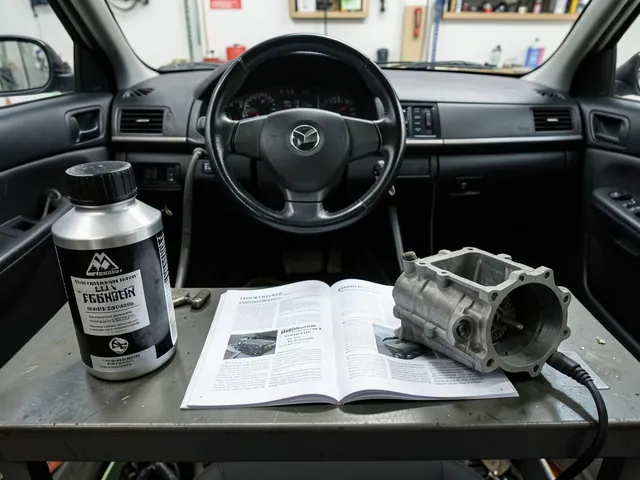 Manual transmission fluid bottle beside a gearbox housing and a vehicle owner's manual