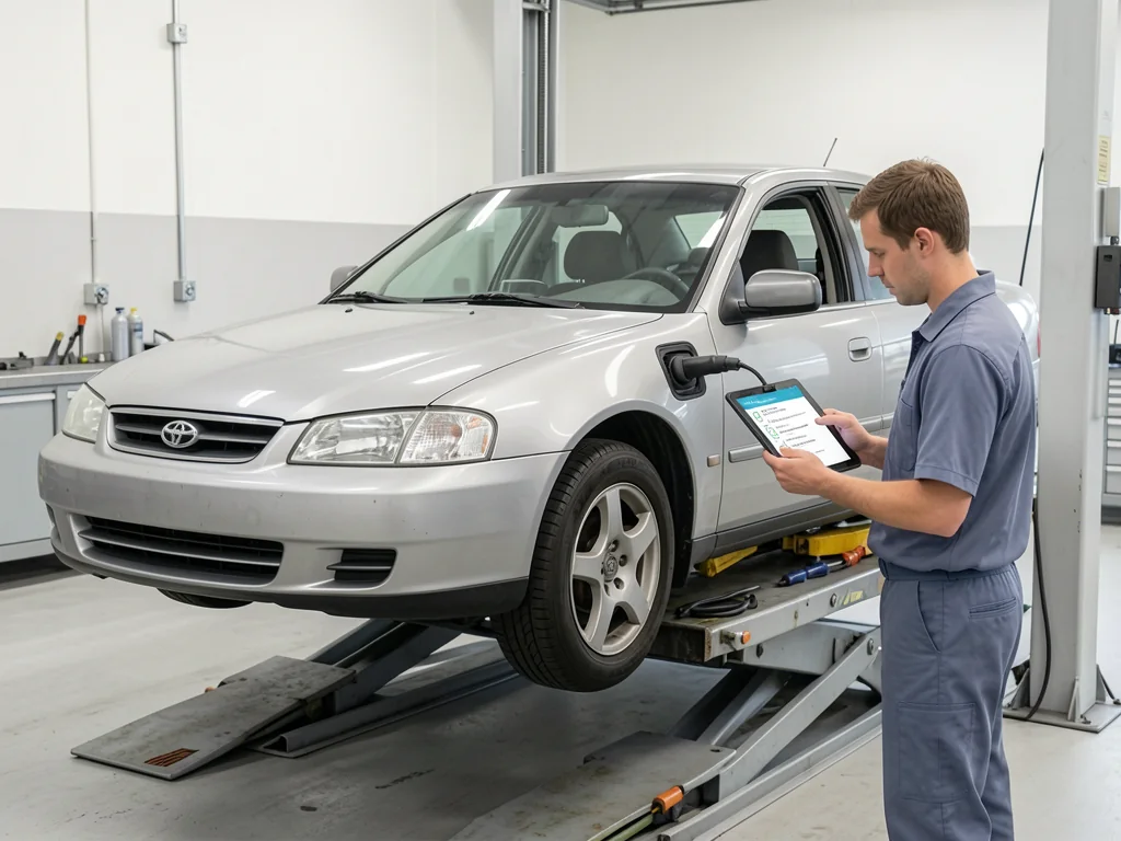 Technician holding a checklist tablet inspects a used sedan on a lift in a dealership service bay
