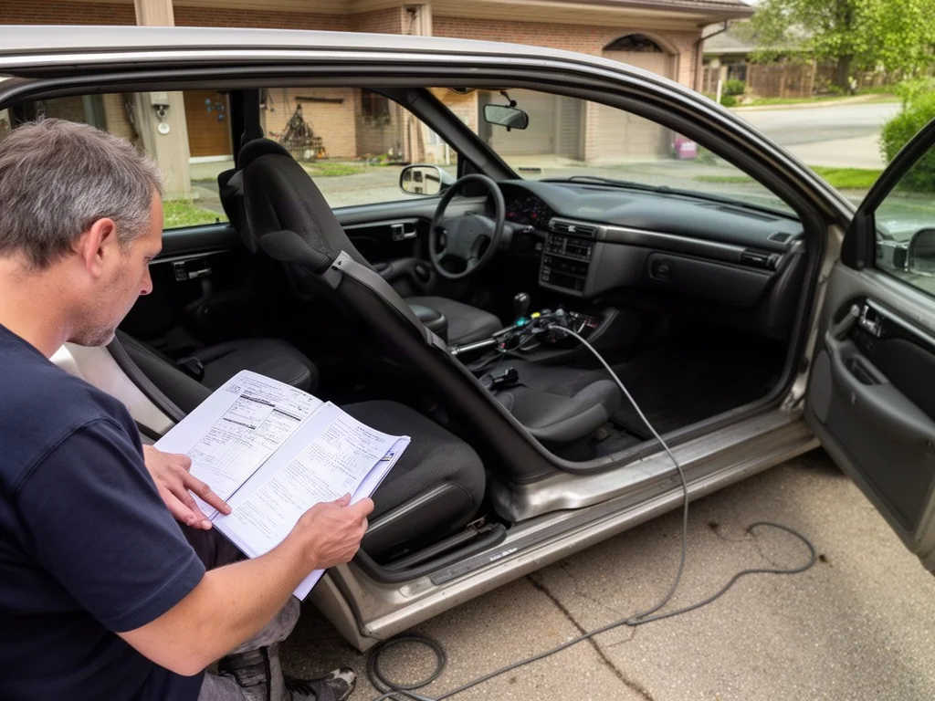 Buyer reviewing service records beside a used car with its odometer visible through the open driver door