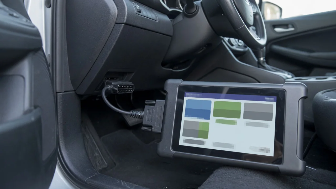 OBD-II scanner plugged into a car's diagnostic port, reading a stored trouble code