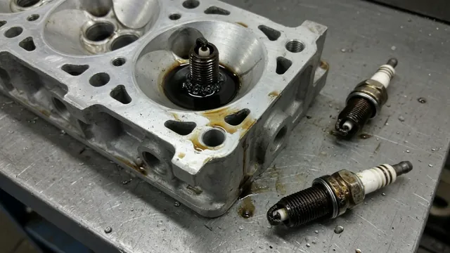 Illustration showing oil in a spark plug well, on plug threads, and around the electrode