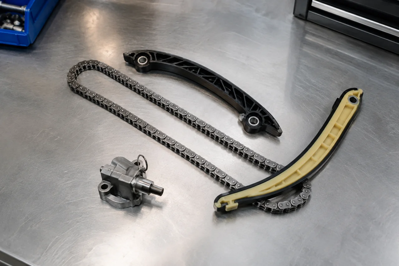 Illustration of an engine timing chain, guides, and tensioner arranged on a clean workbench