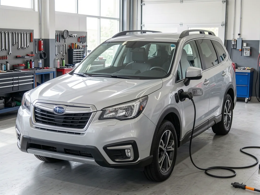 Subaru Forester parked in a clean automotive service bay for engine inspection