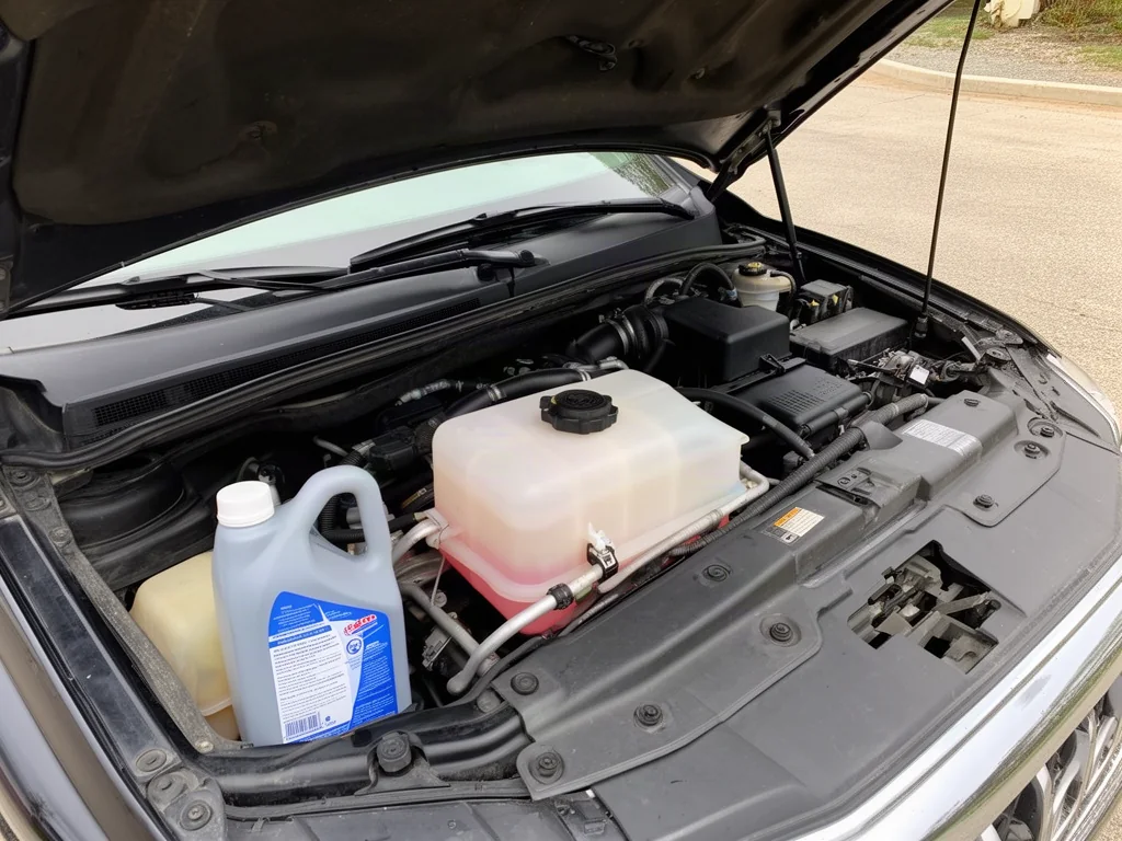 Coolant reservoir in a parked vehicle with a closed cap and an unbranded coolant bottle nearby