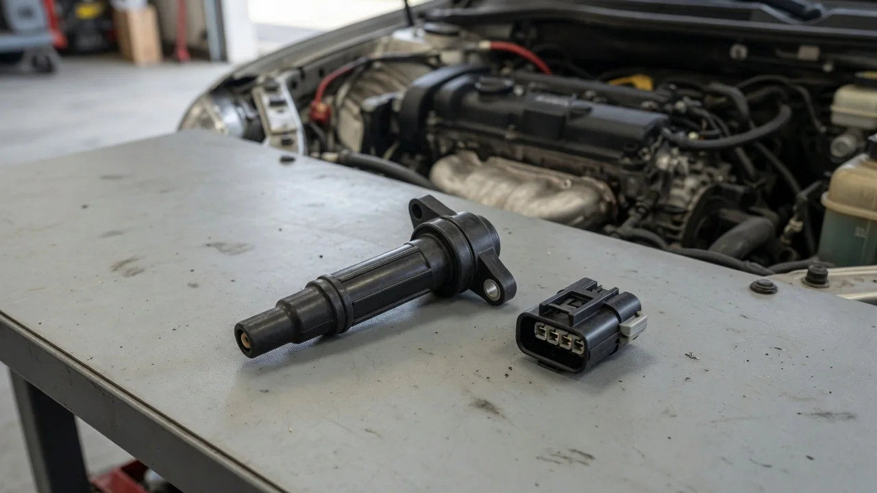 Ignition coil beside a four-wire connector on a clean workbench