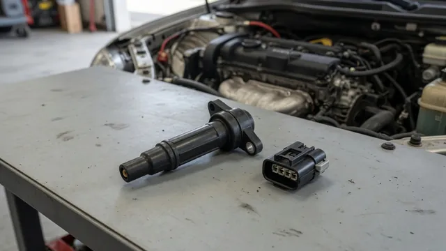 Ignition coil beside a four-wire connector on a clean workbench